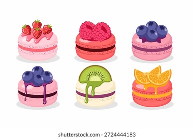 Conjunto de macarrones coloridos con aderezos de frutas frescas Ilustración - Macarrones dulces surtidos decorados con fresa, arándano, kiwi, frambuesa y naranja.