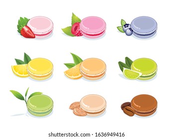 Set of colorful macarons isolated on white background.