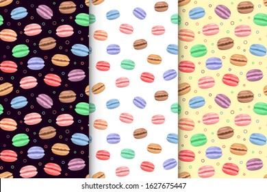 Set of Colorful Macarons. Vector seamless black, white, yellow pattern. French delicious background