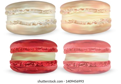 Set colorful macaroon on white backround. 3d realistic almond cookies. Vector illustrations. Macaroon close up.