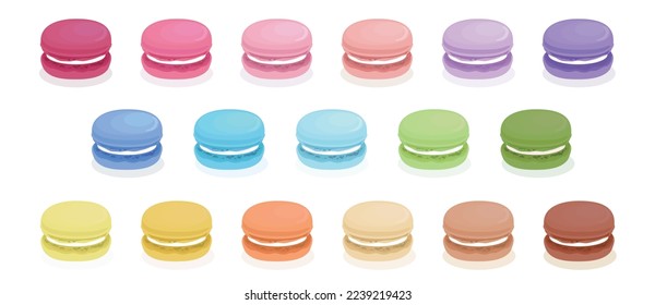 set of colorful macaroons on white background. red, blue, pink, orange, purple, green, yellow, brown.