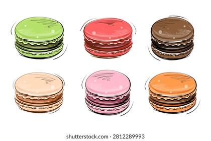 Set of colorful macaroons, vector graphics, sketched