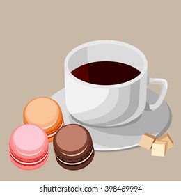 Set of colorful macaroons. White cup of tea with brown sugar.