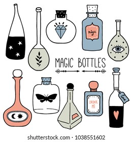 Set of colorful magic cartoon bottles and love potions. Vector illustration. Magic elixir hand drawn collection