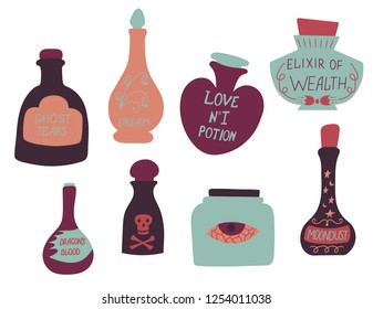 Set of colorful magic cartoon bottles and love potions. Vector illustrations of magic elixirs in flat style