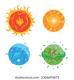 Set of colorful magic elements in a cartoon style. Vector illustration of different bright magic balls: fire, sun, water, earth with cracks isolated on white background. Balls for witchcraft.