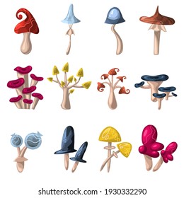 A set colorful magic mushrooms different shapes  Isolated illustration white background  Mushroom fantasy forest 