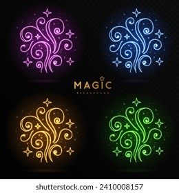 Set of colorful magic neon glowing spirals isolated on black transparent background. Vector illustration