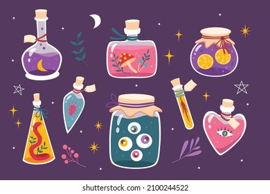 Set of colorful magic potions bottles