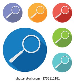 Set of colorful magnifying glass icon. Search loupe symbol with long shadow effect