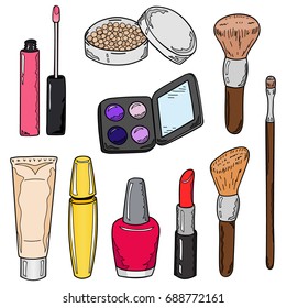 Set of colorful makeup items: lipstick, mascara, powder, eye shadow, lip gloss, makeup brush, nail polish, face cream. Hand drawing. Vector illustration in cartoon style.