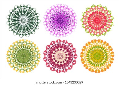 Set of Colorful Mandala Patterns Art Print, for fabric and paper. Boho chic design. Summer fashion.