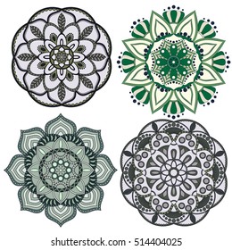 Set of colorful mandalas. Decorative round ornaments. Anti-stress therapy patterns. Weave design elements. Yoga logos, backgrounds for meditation poster. Unusual flower shape. Oriental flourish vector