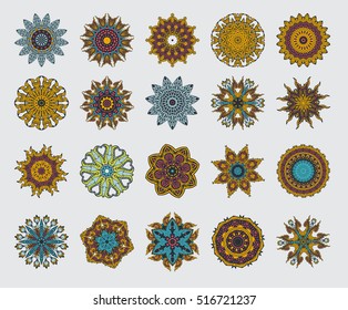 Set of colorful mandalas. Decorative round ornaments. Anti-stress therapy patterns. Weave design elements. Yoga logos, backgrounds for meditation poster. Unusual flower shape. Oriental flourish vector