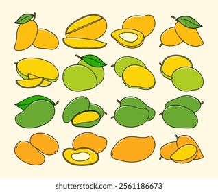 A set of colorful mango illustrations, featuring whole, sliced, and halved mangoes in green and yellow tones. Perfect for tropical-themed designs, packaging, or digital projects.