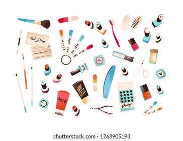 Set of colorful manicure and pedicure equipment vector flat illustration. Collection of different tools for nails care - nailfile, clippers, scissors. Cosmetics and accessories instrument isolated