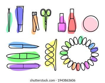Set of colorful manicure and pedicure tools on a white background