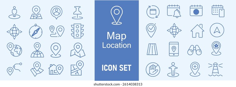 Set of colorful map location icons with modern flat design style, GPS destination markers, navigation pins, and geolocation symbols for digital maps and mobile apps