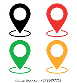 Set of colorful map location pin icons isolated on transparent background, navigation pointer symbols in black, red, green and orange for GPS, travel, address and map flat vector icons design