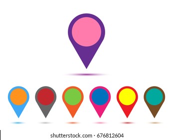 Set of colorful map pin icons isolated on white background. Location signs with ellipse gray gradient shadow in flat simple style. EPS10 vector element for web design, poster, web application.