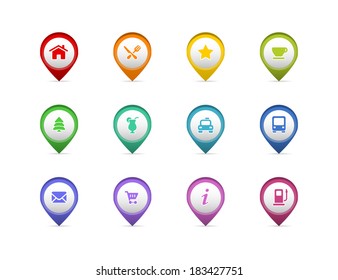 Set of colorful map pin pointers with icons