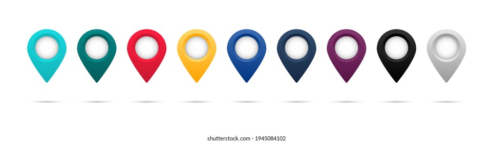 Set of colorful map pointer. Map pins, markers. Location icons for map. Vector illustration. EPS - 10