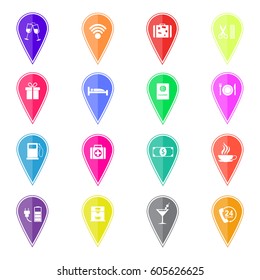 Set of colorful map pointers with hotel services on the white background. Vector design