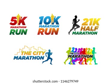 set colorful marathon run event logo template with running people illustration,  5K, 10K, 21K half marathon vector eps 10