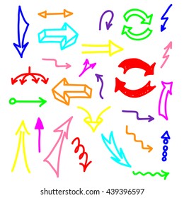 Set of colorful marker hand-drawn arrows on white background. Infographic elements. Vector illustration