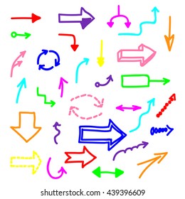Set of colorful marker hand-drawn arrows on white background. Infographic elements. Vector illustration