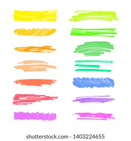 Set of colorful marker scribble lines and stains realistic style, vector illustration isolated on white background. Collection of hand drawn highlighter pen or felt tip strokes and traces