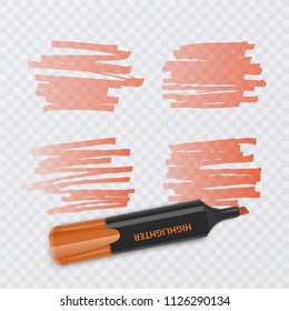 Set of colorful markers with highlighter elements isolated on transparent background. Transparent highlighters. Vector realistic style.