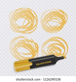 Set of colorful markers with highlighter elements isolated on transparent background. Transparent highlighters. Vector realistic style.