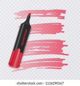 Set of colorful markers with highlighter elements isolated on transparent background. Transparent highlighters. Vector realistic style.