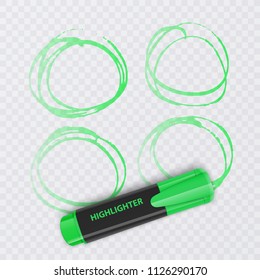 Set of colorful markers with highlighter elements isolated on transparent background. Transparent highlighters. Vector realistic style.