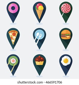 Set of colorful markers for map with food flat icons. Vector illustration