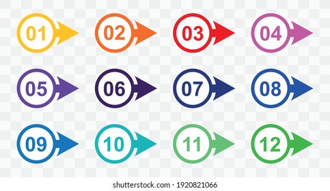 Set of colorful markers. Number bullet point from 1 to 12, colorful markers. Arrow bullet point colorful, vector.