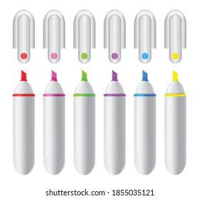 Conjunto de marcadores coloridos. Marcadores vectoriales realistas, marcadores de punta de fieltro o colección de plumas para diseño en casa, proyectos de oficina y escuela, álbumes de recortes. Los niños y las herramientas de pintura vívida de los artistas