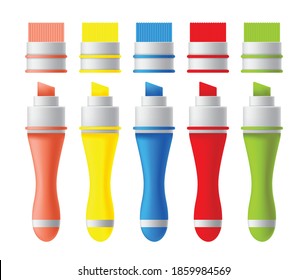 Set of colorful markers. Vector realistic highlighters, felt tip marker or pens collection for design in home, office and school projects, scrapbooks. Children and artist vivid painting tools