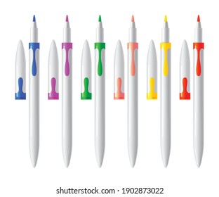 Set of colorful markers. Vector realistic highlighters, felt tip marker or pens collection for design in home, office and school projects, scrapbooks. Children and artist vivid painting tools