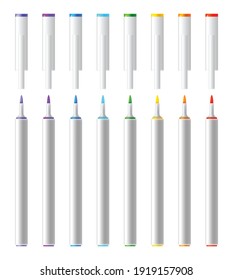 Set of colorful markers. Vector realistic highlighters, felt tip marker or pens collection for design in home, office and school projects, scrapbooks. Children and artist vivid painting tools