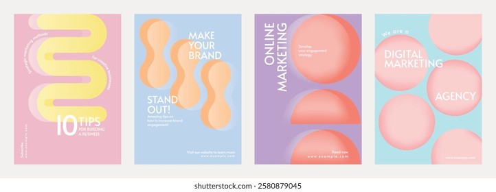 Set of colorful marketing posters with abstract designs. Keywords: marketing, brand, digital. Vibrant colors highlight marketing and brand concepts. Retro pastel branding template vector set.