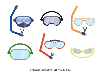 Set of colorful masks,scuba diving in cartoon style. Vector illustration of diving equipment, goggles with hoses for scuba diving isolated on white background. Apparatus for breathing underwater.