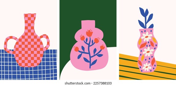 Set of colorful matisse inspired still life pottery vase and flower poster. Modern paintings for the interior in simple hand drawn shapes