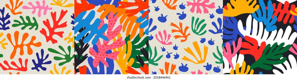 Set Of Colorful Matisse Style Abstract Leaf Collage Seamless Pattern. Big Collection Of Trendy Summer Nature Art Background.