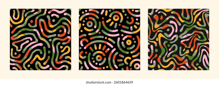 Set of colorful maze seamless patterns. Abstract graphic modern backgrounds with deformed multicolor lines. Liquid organic textures for cover, poster, banner, label, textile, wrapping, wallpaper.
