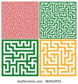 Set of colorful mazes/ Good for logo or icon. Abstract vector background illustration. Yellow, red and green colors.