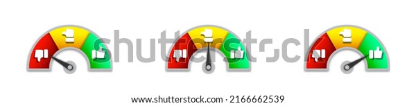 Set\
of colorful measuring speedometers with like and dislike icons.\
Infographic gauge elements. Flat vector\
illustration.