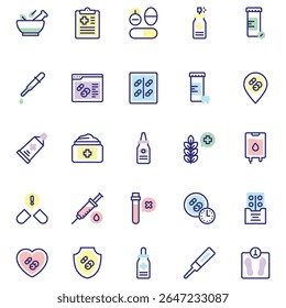 Conjunto de ícones coloridos da linha médica e farmacêutica mostrando medicamentos, receitas, gotas, seringas, cremes e diagnósticos em estilo plano moderno

