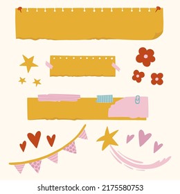Set of colorful memo and papers vector illustration. Set of notepaper with tape. Blank stickers with ripped edges and strats and other cute stuff.